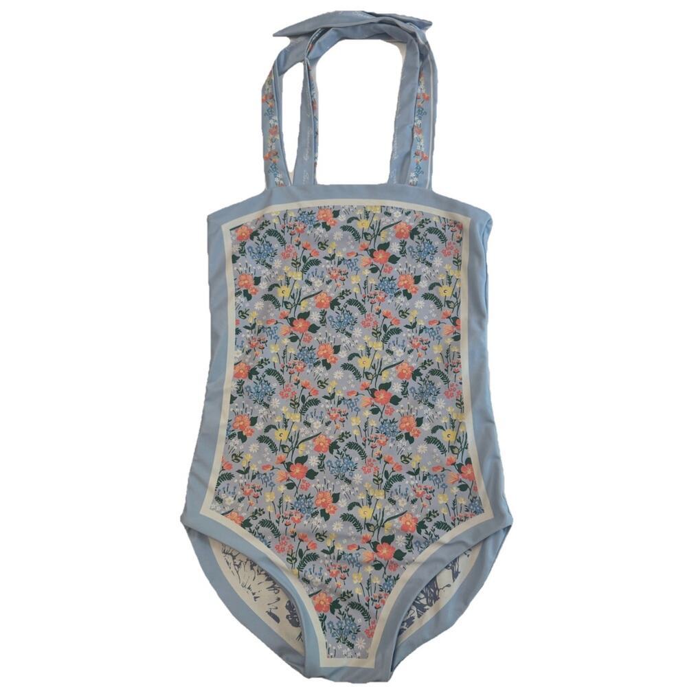 Women’s Reversible Floral One Piece Swimsuit Blue Tie Strap Swimwear